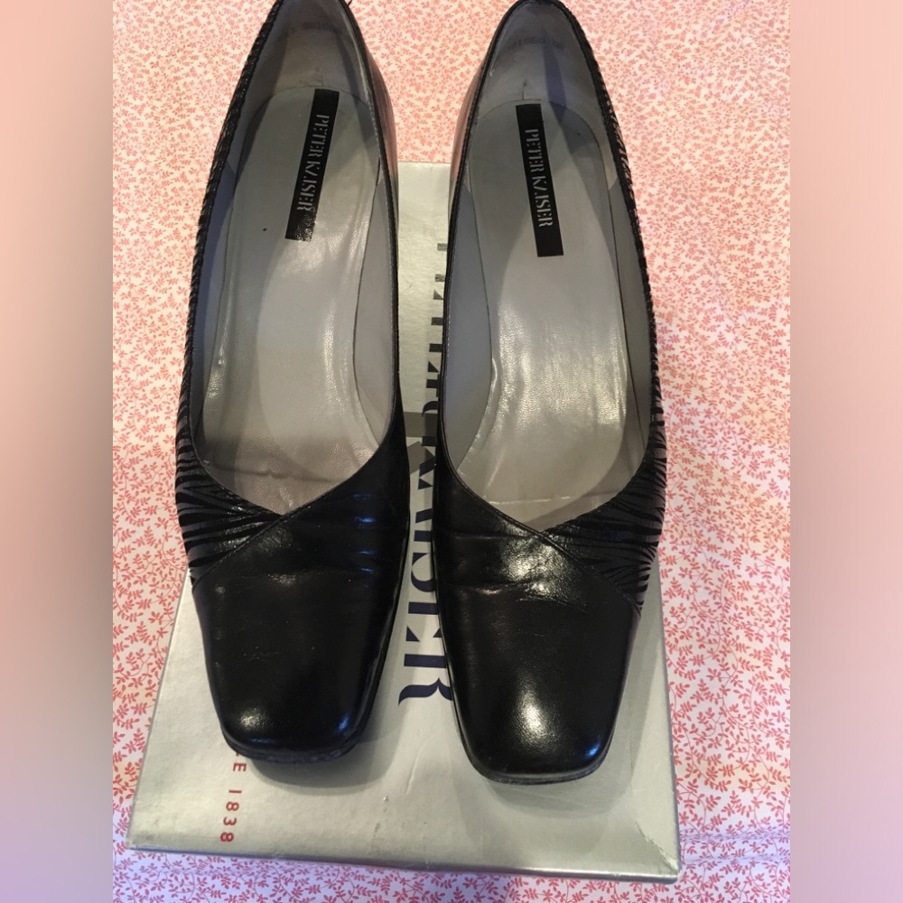 Peter Kaiser Black Leather Square-Toe Pumps with Gathered Detail